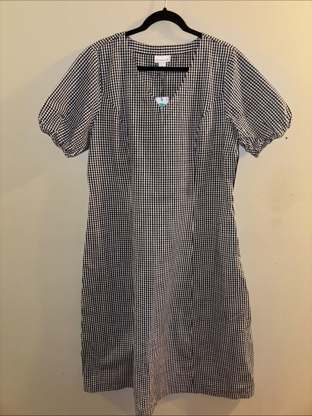 Liz Claiborne Black & White Gingham Puff Sleeve V-Neck Midi Dress